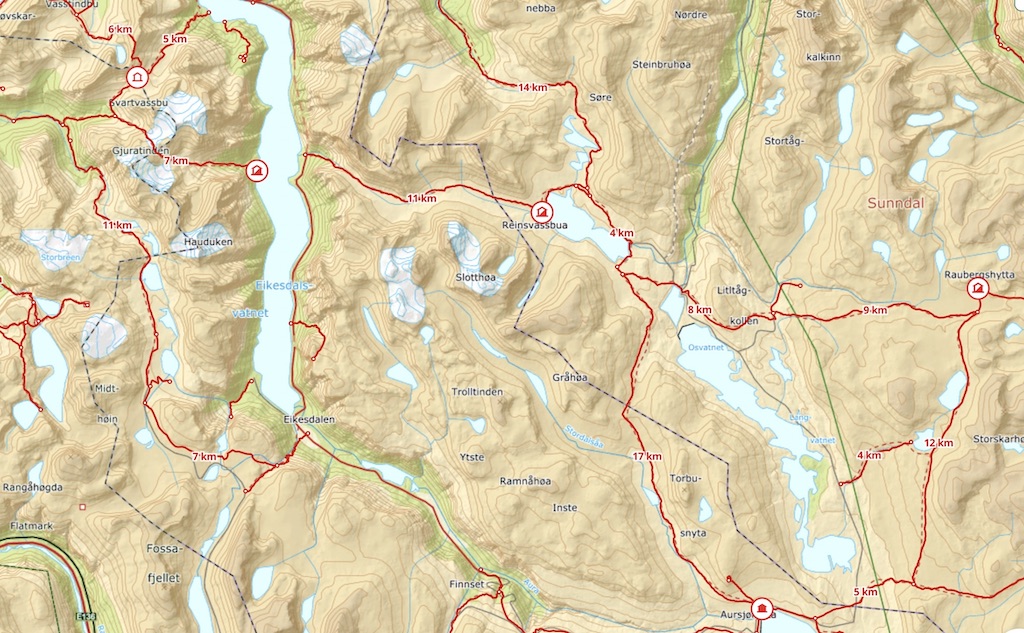 Kart rundtur fra Vike ved Eikedalsvatnet til Reinsvassbu, Raubergshytte, Aursjøhytte, tilbake til Reinsvassbu, Hoemsbu og hjem til Isfjorden.