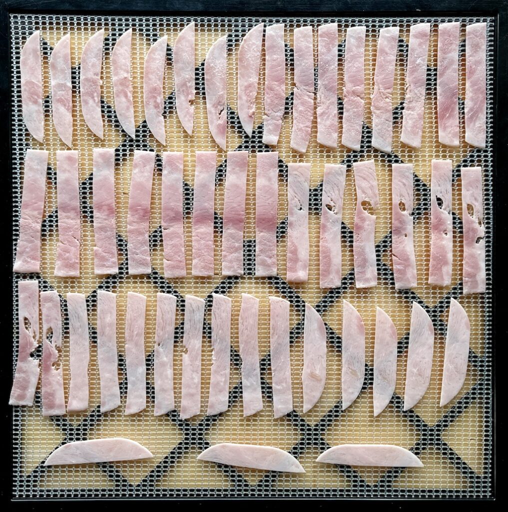 Cooked ham before dehydrating, which is one  of the ingredients of the  pasta carbonara dish